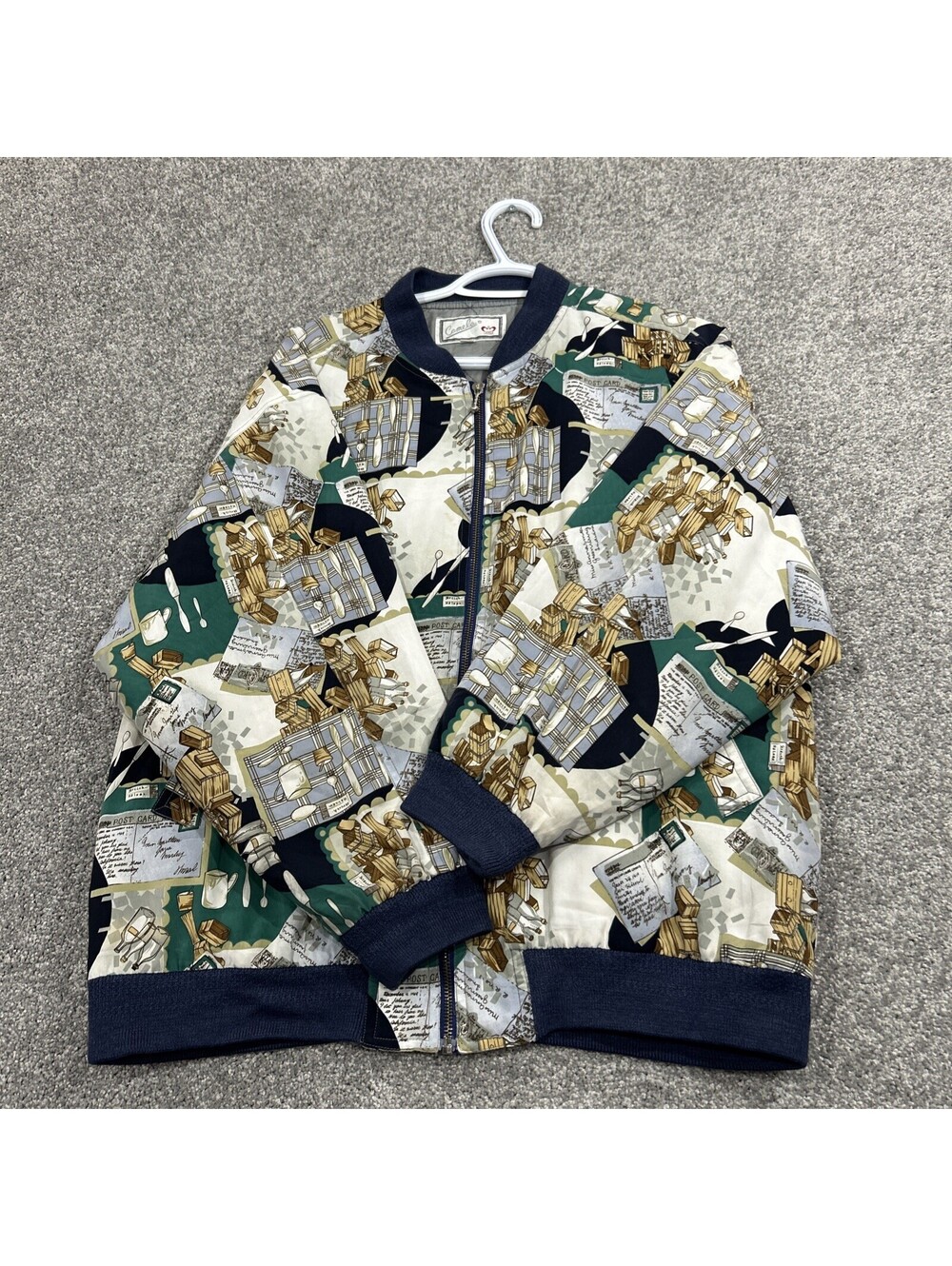 Vintage Postcard Travel Novelty Print Bomber Jacket Silk Look Camela Large